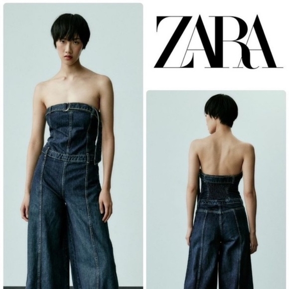 ZARA Strapless Wide-Leg Denim Jumpsuit NWT Size M